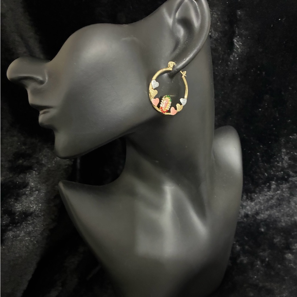 14K Gold Virgin Mary Hoop Earrings with Pink & Multicolor Heart Accents - Picture 2 of 6
